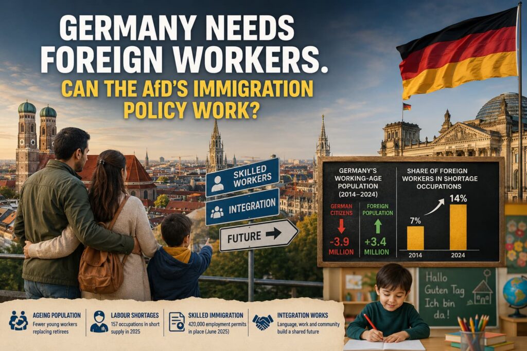 Germany's foreign worker debate illustrated with a German flag, a migrant family, skilled-worker signs and data showing the growing role of foreign workers in shortage occupations.