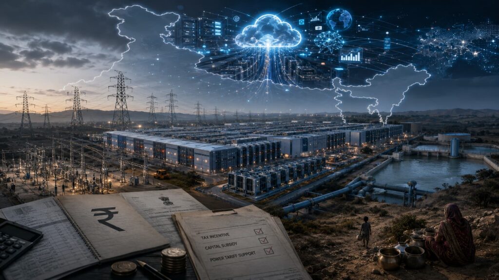 AI data center in India surrounded by power infrastructure, water pipelines, subsidy documents and digital cloud networks.