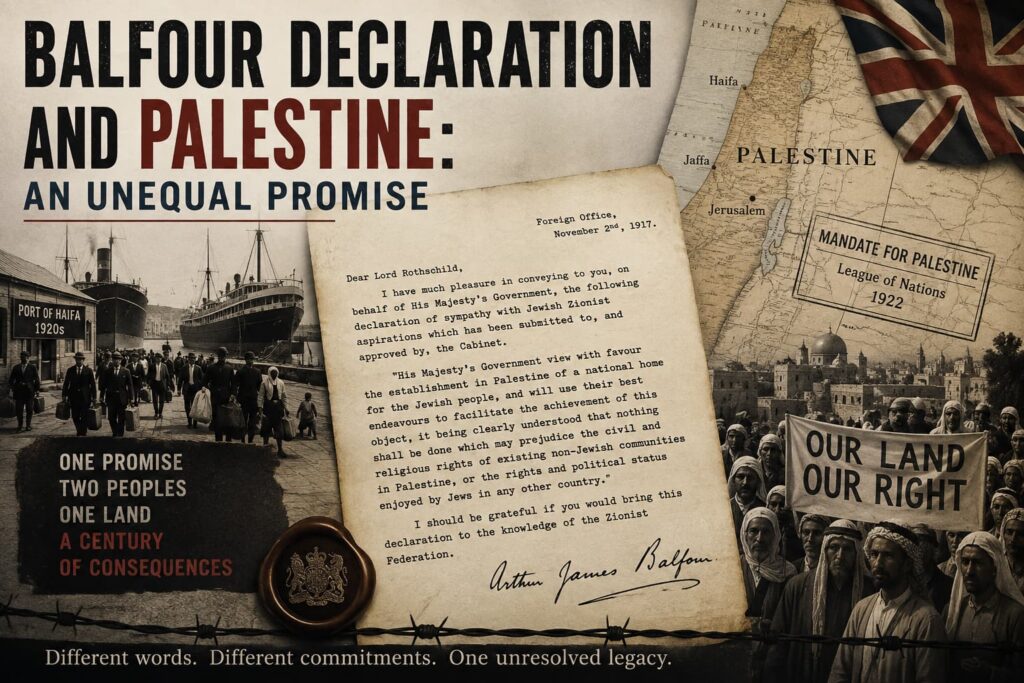 Historical illustration of the Balfour Declaration, British Mandate map of Palestine, Haifa port, and Palestinian Arabs, highlighting Britain’s unequal political commitments.
