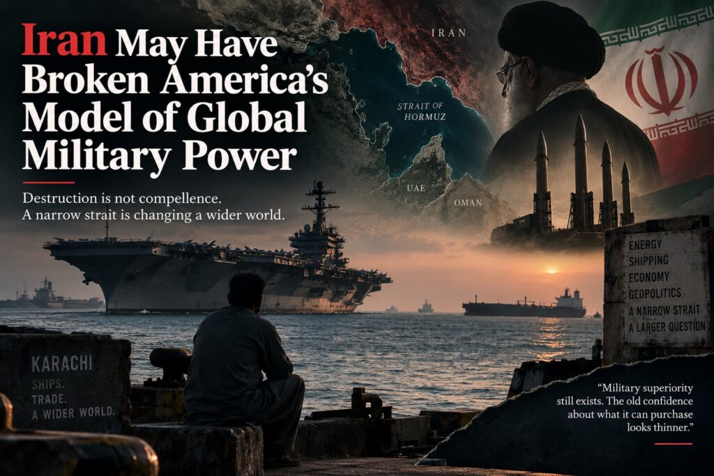 Editorial illustration showing the Strait of Hormuz, Iran, U.S. military bases, an aircraft carrier, oil tanker and missiles, representing the challenge Iran poses to American military power.