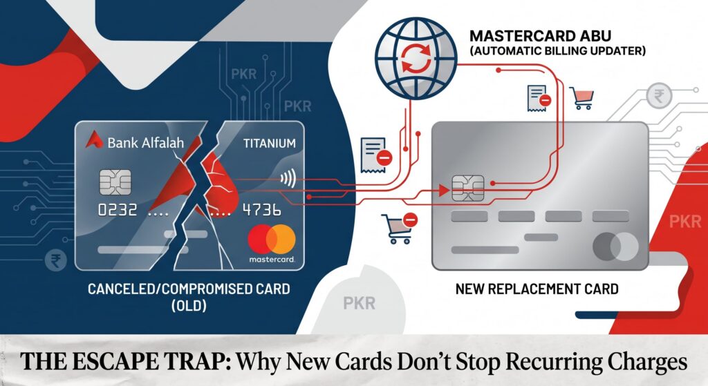 Infographic showing how Mastercard Automatic Billing Updater transfers recurring debits from a canceled Pakistani credit card to a replacement card