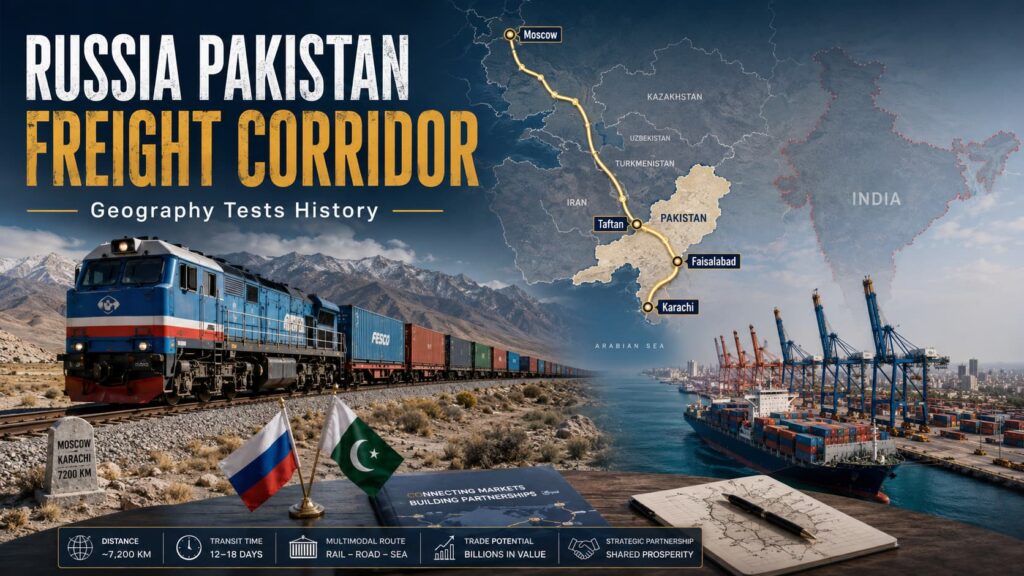 Editorial map showing a freight train route from Moscow through Central Asia and Iran to Taftan, Faisalabad and Karachi, with Karachi Port and Russian-Pakistani trade imagery.