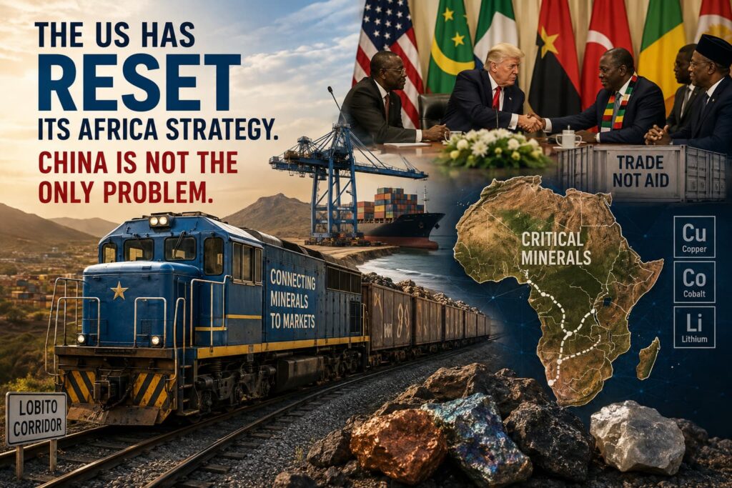 Freight train on the Lobito Corridor beside a port, with US, African Union and Chinese flags and a map showing mineral routes through Angola, the DRC and Zambia.