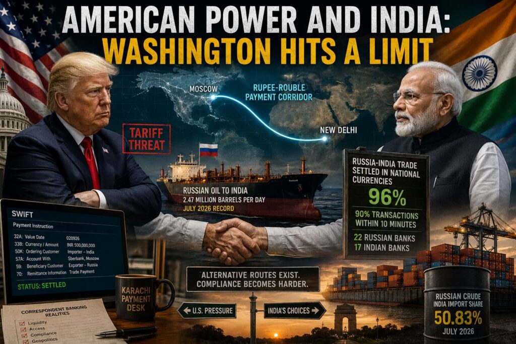 Donald Trump and Narendra Modi shown against U.S. and Indian flags, with a Russia-India payment corridor, Russian oil tanker, SWIFT payment screen, and trade data illustrating limits on American pressure.