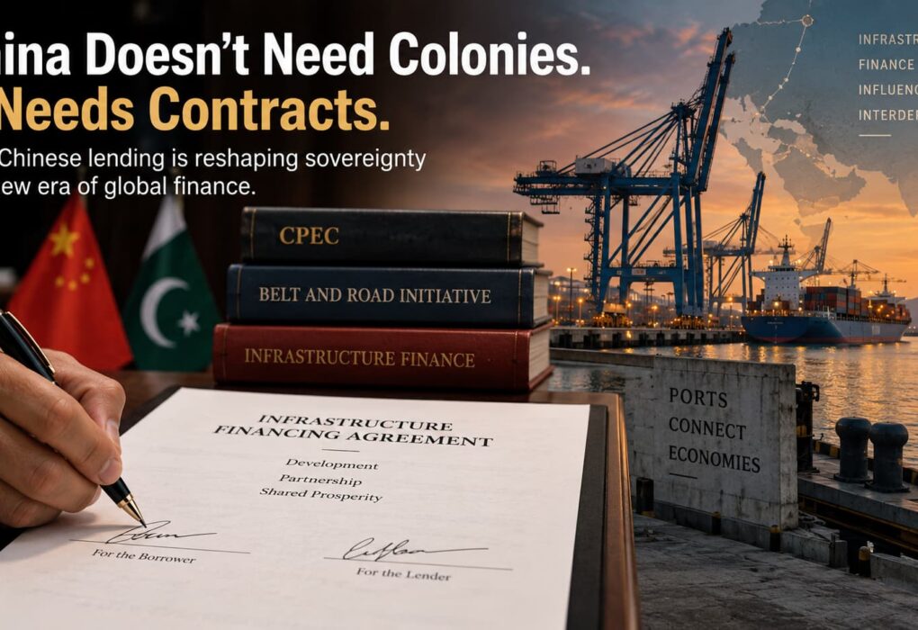 Editorial illustration of a China-Pakistan infrastructure financing agreement beside a container port, representing Chinese lending, CPEC and sovereign financial dependence.