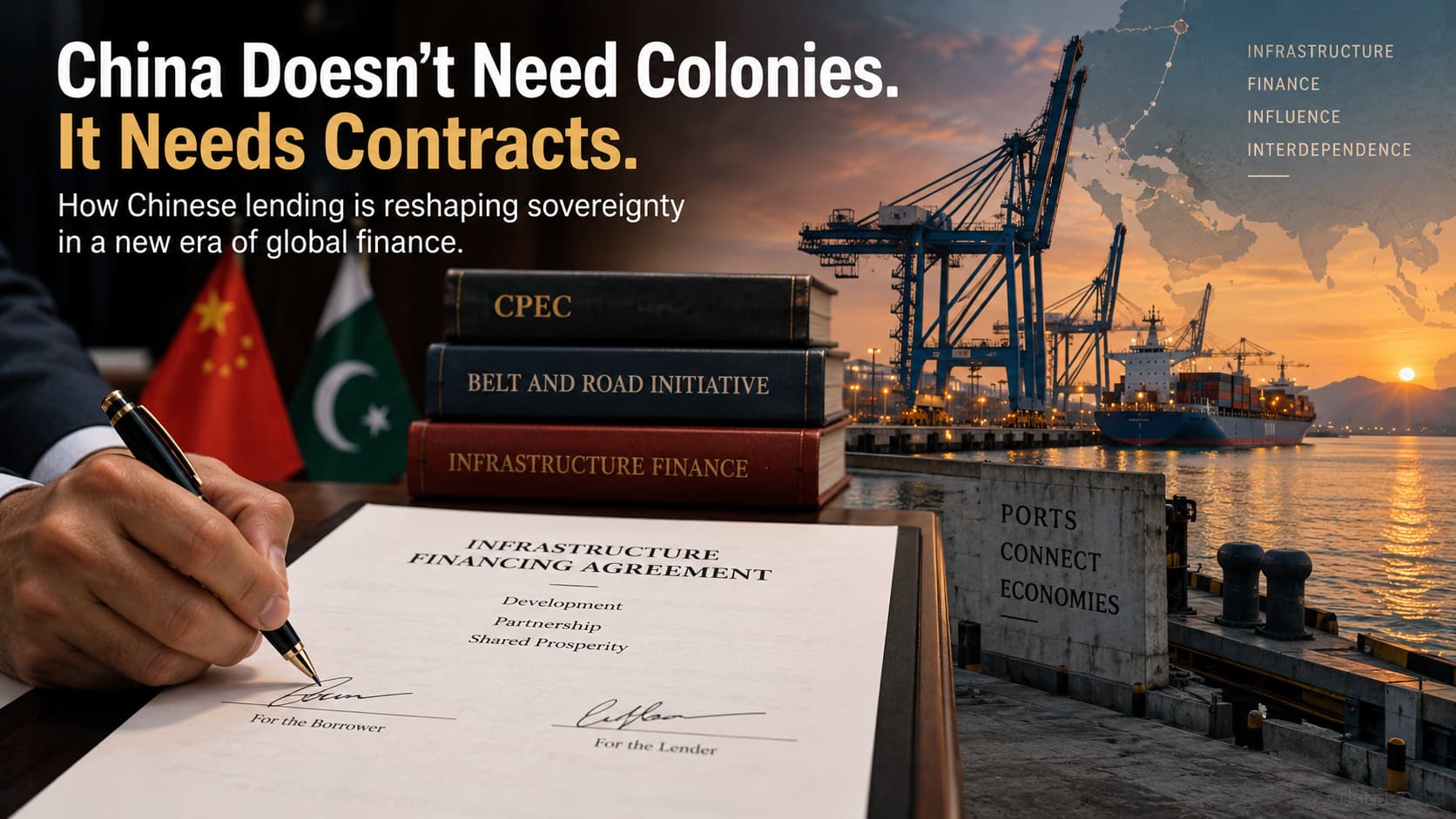 Editorial illustration of a China-Pakistan infrastructure financing agreement beside a container port, representing Chinese lending, CPEC and sovereign financial dependence.